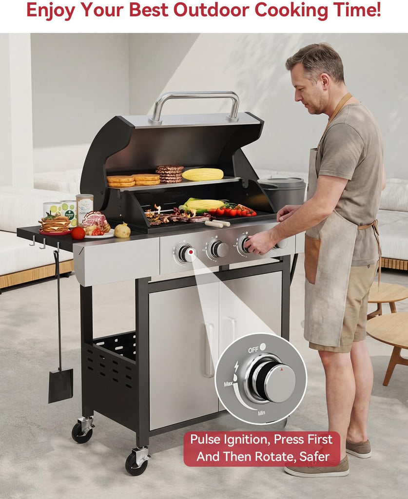 4-Burner Propane Gas Grill with Side Burner, 49,000 BTU Stainless Steel BBQ Grill with Cast Iron Grates and Side Tables (Black & Silver)