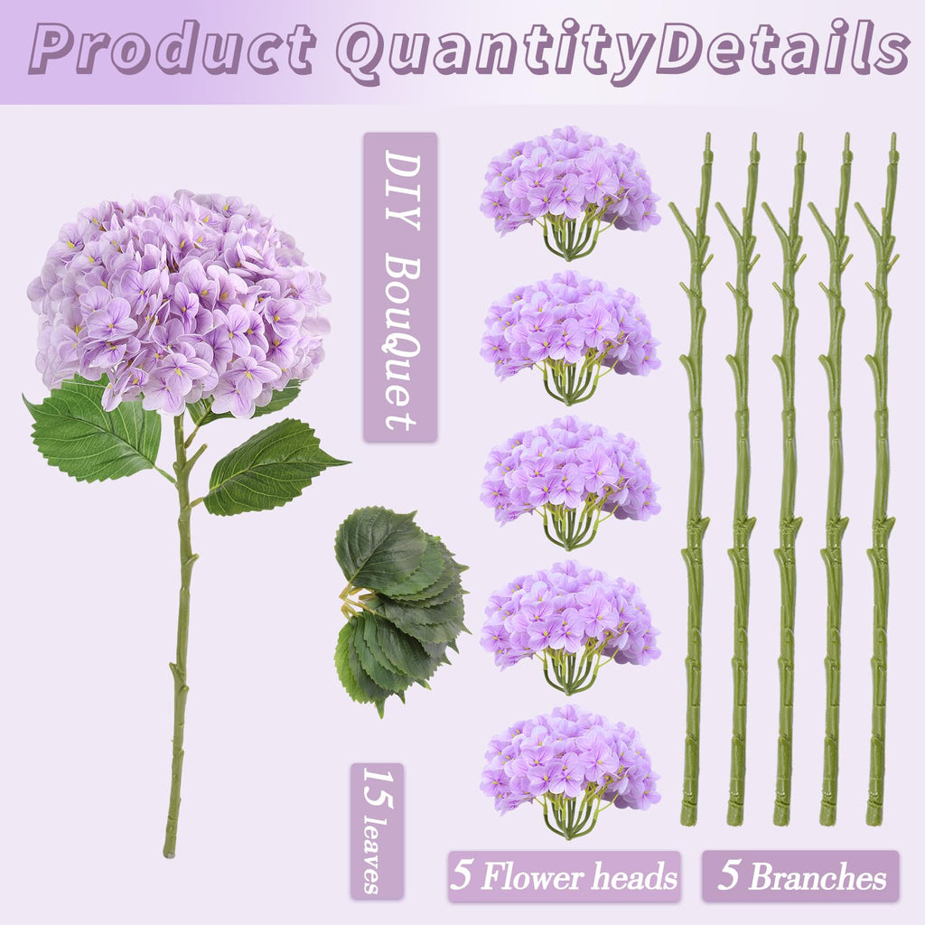 5Pcs Light Purple Real Touch Hydrangeas Artificial Flowers for Vase