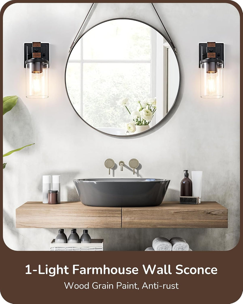 Wall Sconces Set of 2, Farmhouse Vanity Lights Fixtures for Bathroom, 1-Light Faux Wood Rustic Bath Wall Mount Lamp