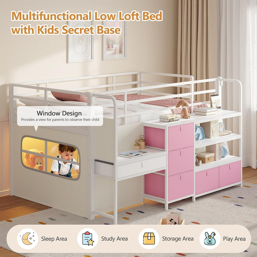 Low Loft Bed with Desk and 6 Storage Drawers Twin Loft Bed with Bookshelf,LED Lights & Under-Bed Play Space,Kids Twin