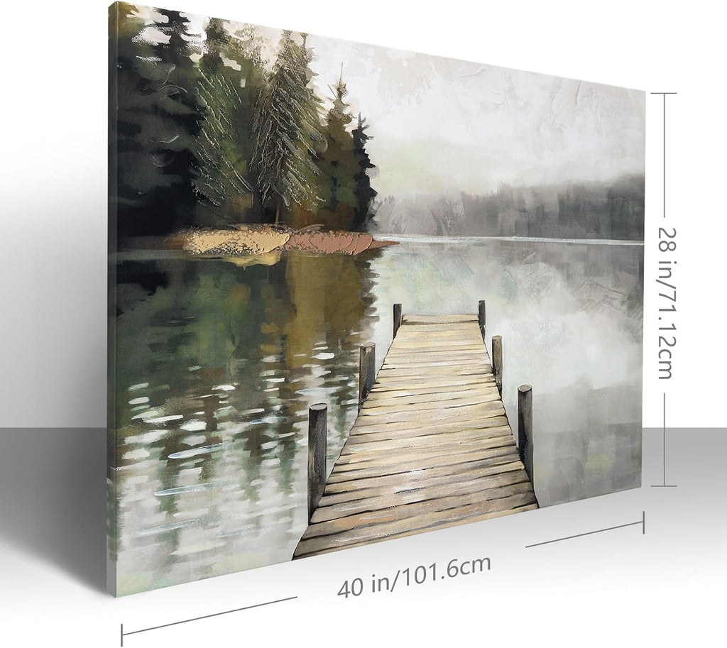 Nature Landscape Large Wall Art Canvas Picture,Horizontal Dock Forest Artwork Decor,Modern Hand Painted Textured Lake