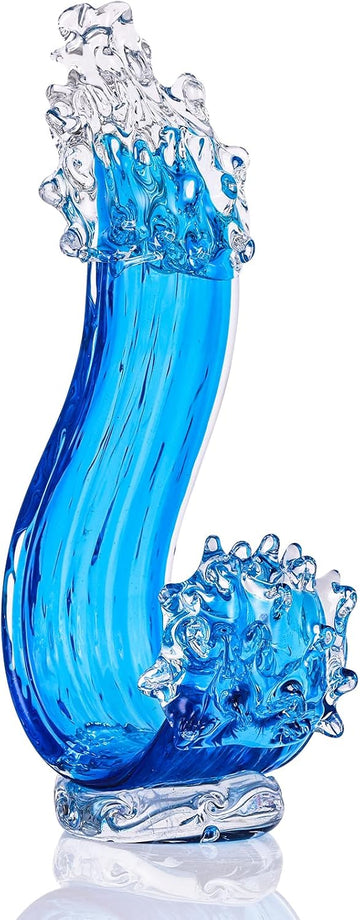 Blue Glass Sculpture Home Decor, Hand Blown Glass Art Statue, Glass Ocean Waves Home Living Room Decorations