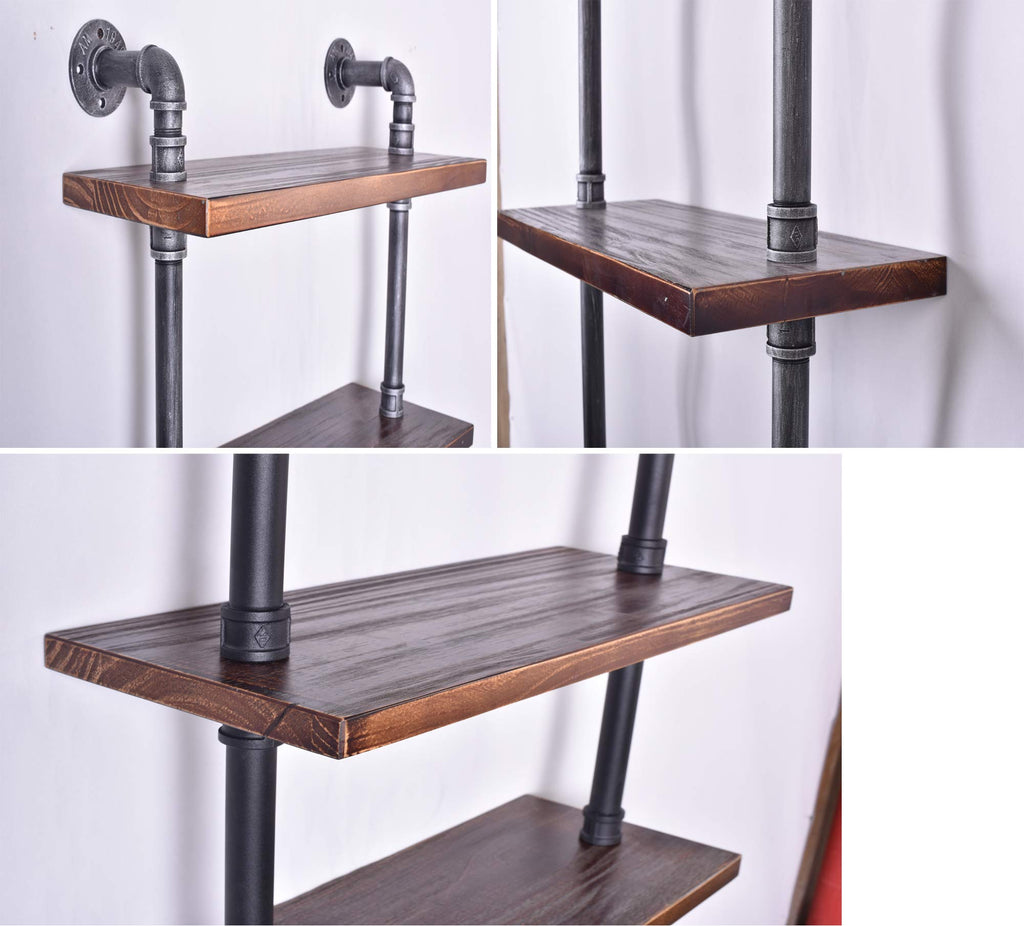 Industrial Pipe Shelves Rustic Modern 24"W Wood Ladder Bookcase with Metal Frame, Pipe Wall Shelf, Wood Storage, Home