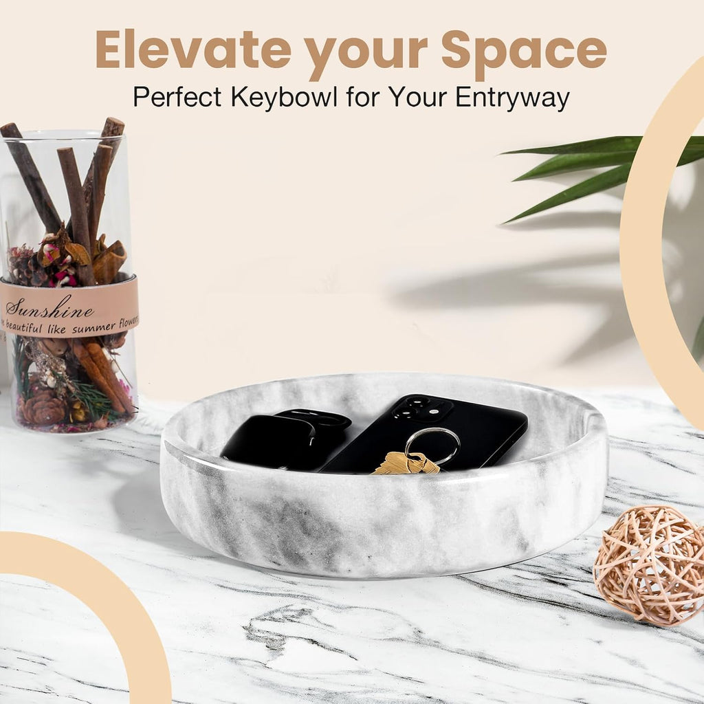 Marble Decorative Bowl - 7.5" White/Grey Solid Marble Centerpiece - Stone Fruit Bowl - Catch-All or Key Bowl - Modern