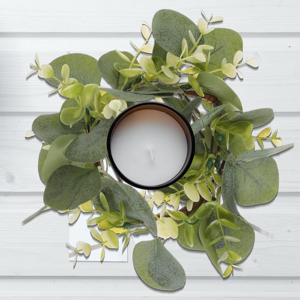 Artificial Wreath Candle Holders Eucalyptus Leaf Decorative Tabletop Ornaments Party and Wedding Decor No - Set of 2