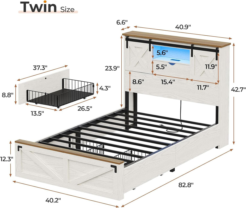 Farmhouse Bed Frame Twin with 2 Storage Drawers, Wooden Platform Twin Bed with LED Lights and Charging Station
