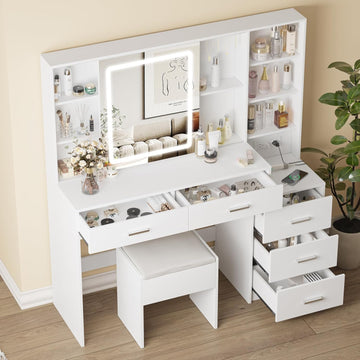 Vanity Desk with Mirror and Lights, Makeup Vanity with 5 Drawers, Makeup Desk with Charging Station and Ample