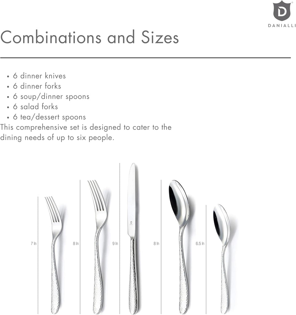 Hammered Silverware Set | Premium 18/10 Stainless Steel Flatware Service for 6 | Heavy-Duty & Dishwasher Safe | Built