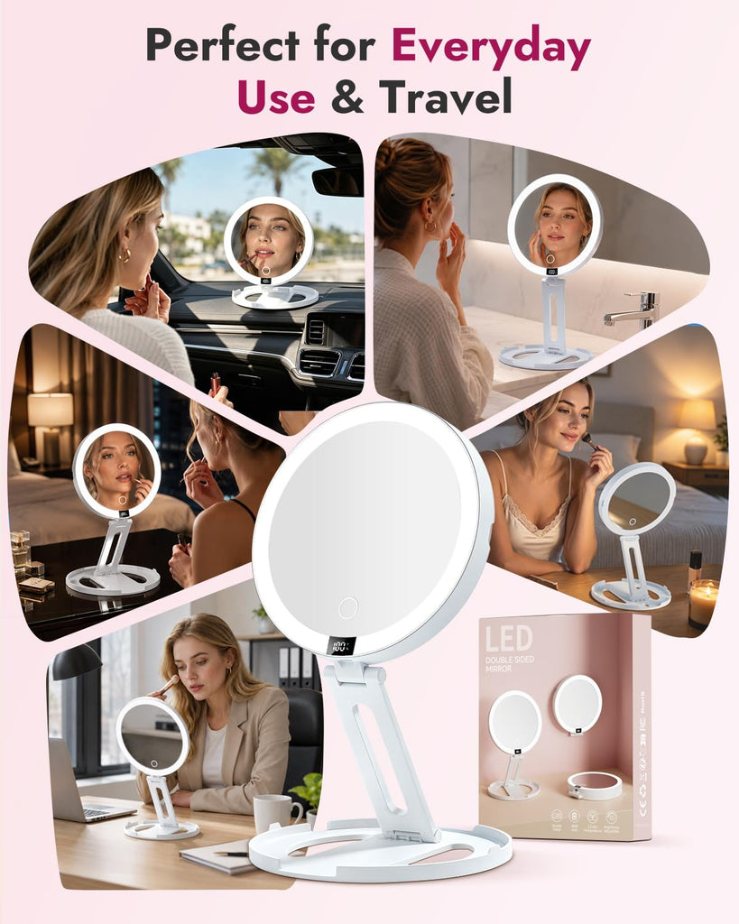 Lighted Travel Makeup Mirror with 20X Magnification & Smart Power Display, Rechargeable 2000mAh Double