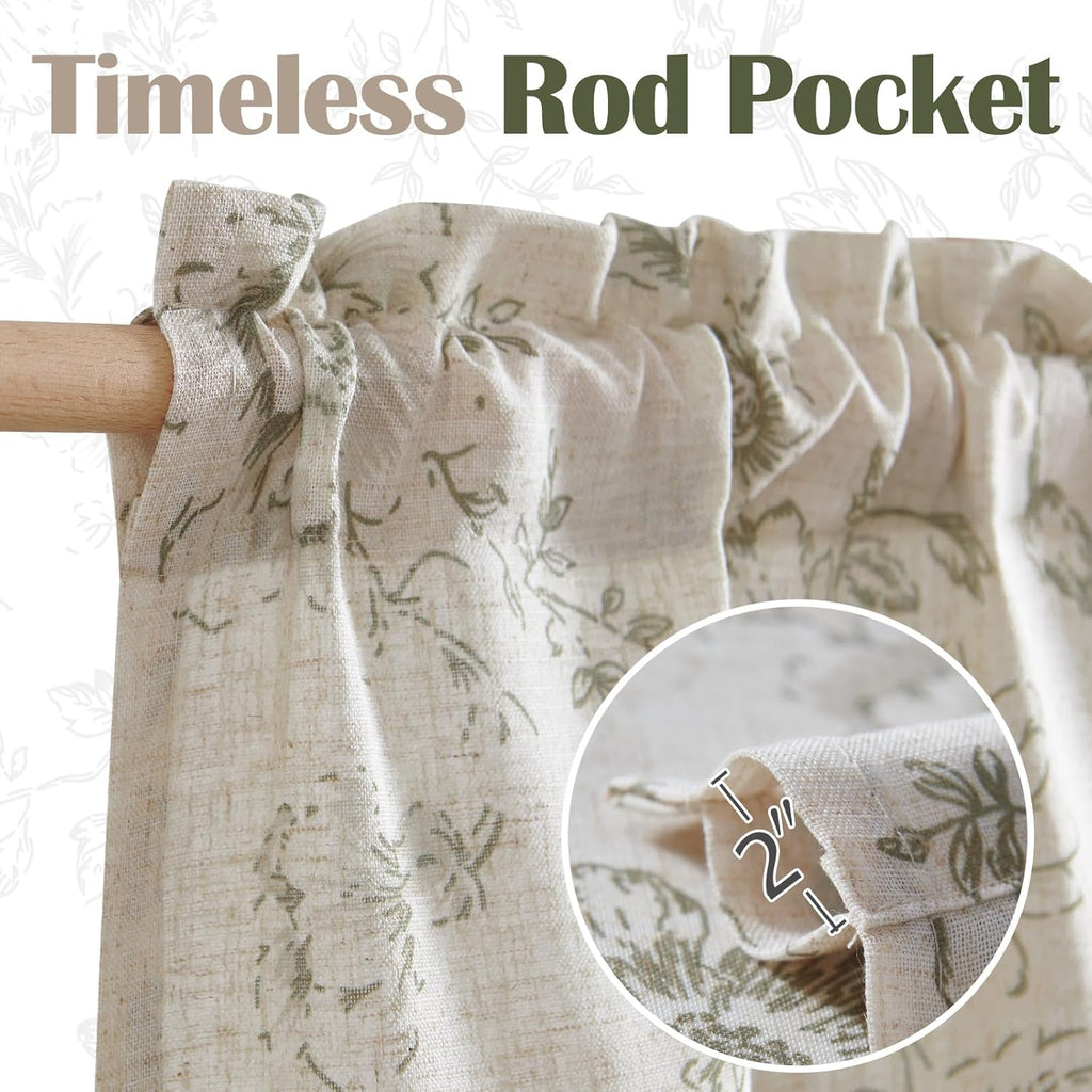 Linen Valance Curtain Farmhouse Sage Green Floral Window Valance, French Country Flower Drapes for Kitchen