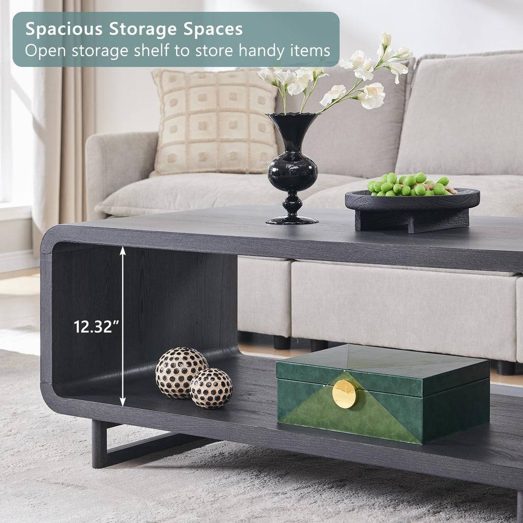48" Modern Coffee Table, 2-Tier Minimalist Center Table with Storage Shelf, Curved Profile Design