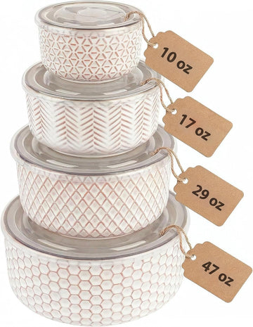 Serving Bowls, with Lids, Ceramic Nesting Bowls, Set of 4, Embossed, Kitchen, Prep, Stackable, Gift, Microwave and
