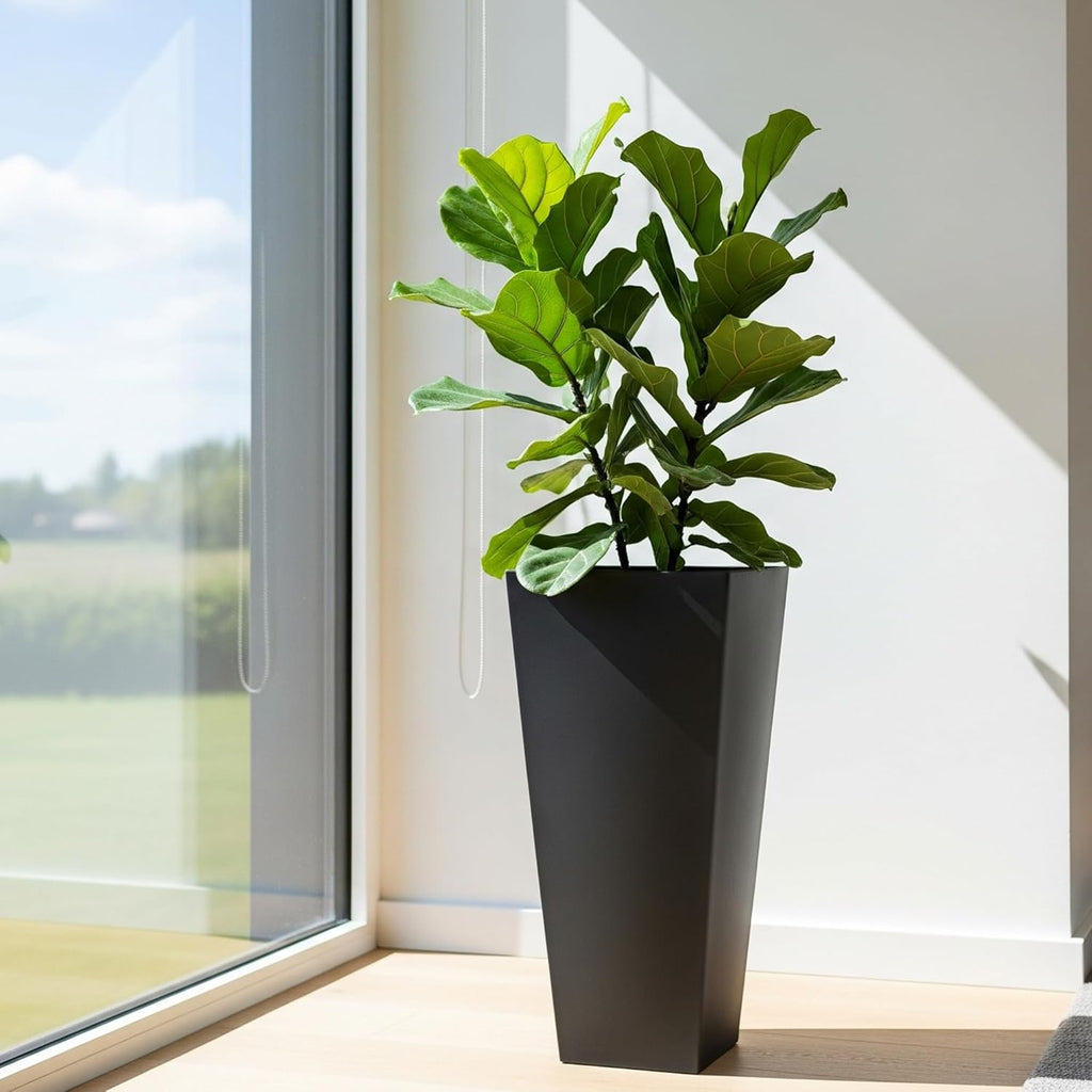 Large 28 in.Tall Planters Set of 2 for Indoor and Outdoor, Heavy Duty Plastic Black Modern Taper Flower Plant Pots