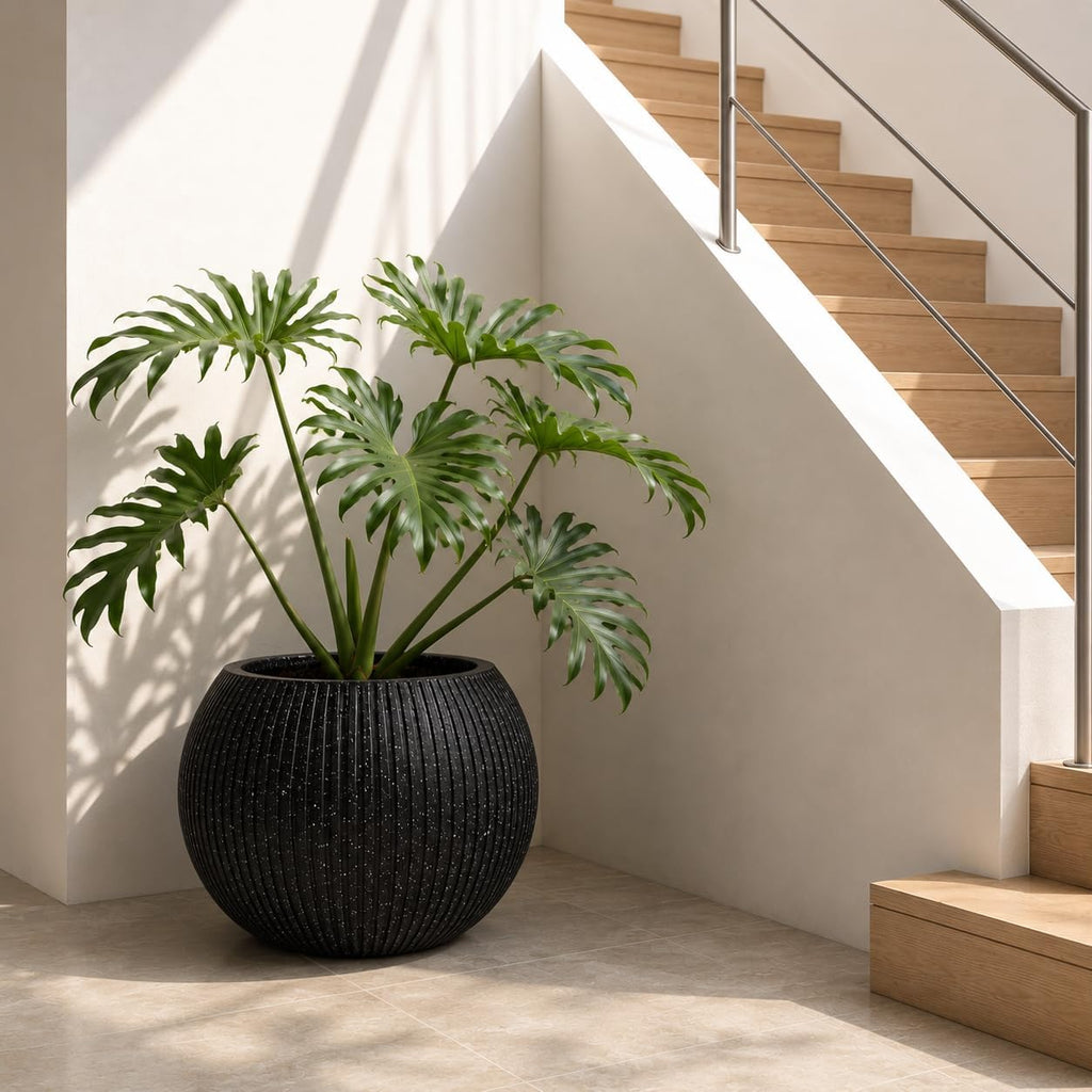 Marlo Fiberstone Round Planter, Ribbed Finishes (L, Black) | Lightweight, UV & Crack Resistant, Modern Minimalist