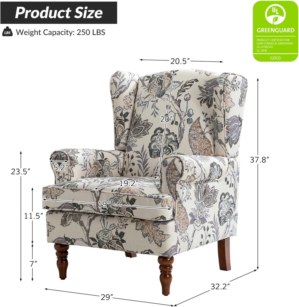 Wingback Accent Chair with Retro Wood Legs, Traditional Fabric Armchair Bedroom, Comfy Upholstered Single Sofa Chair