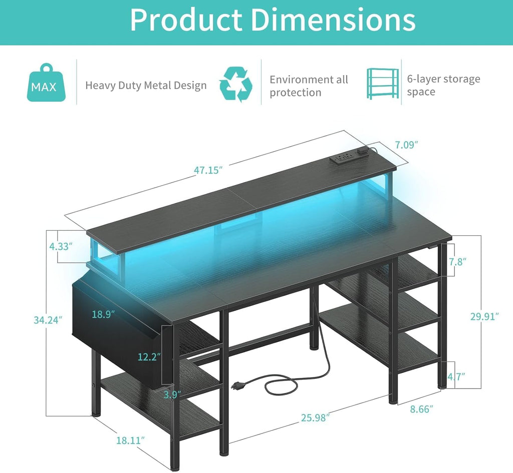 Gaming Desk with LED Lights and Storage Shelves, 47 inch Computer Desk with Power Outlets, Home Office Desk with
