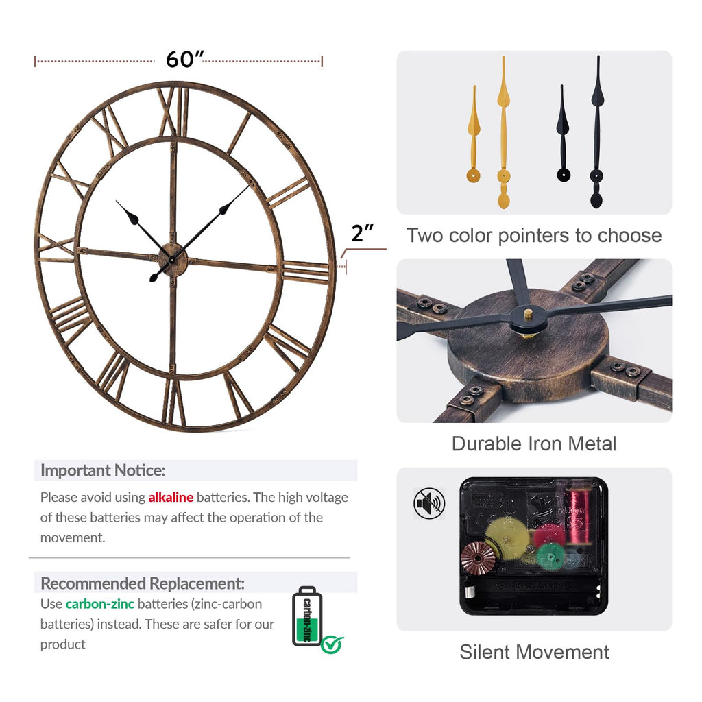 60 Inch Large Silent Wall Clock, Easy Assembly Roman Numeral Bronze