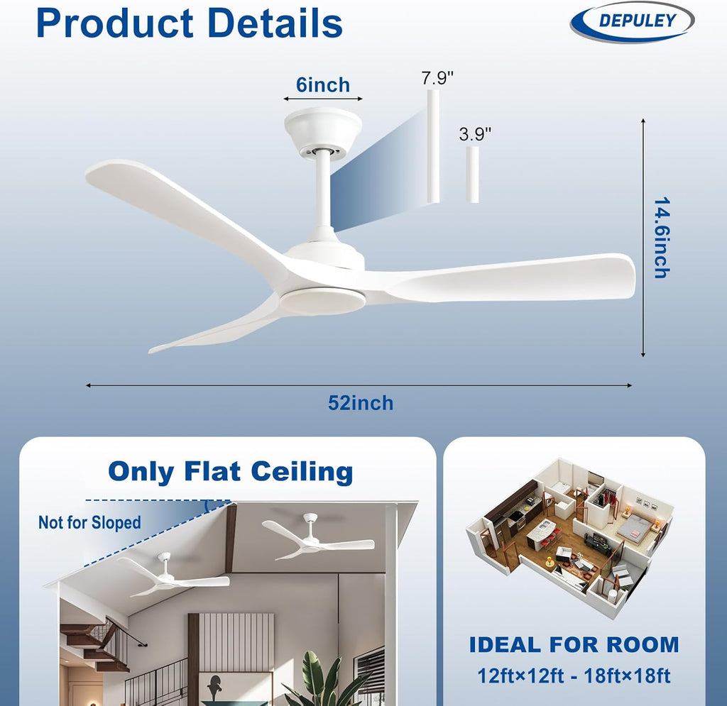 52 Inch 3 Blade Outdoor Fans for Patios - White Ceiling Fan No Light Indoor Remote Control Ultra Quiet DC Motor Reversible 6 Speed Timer