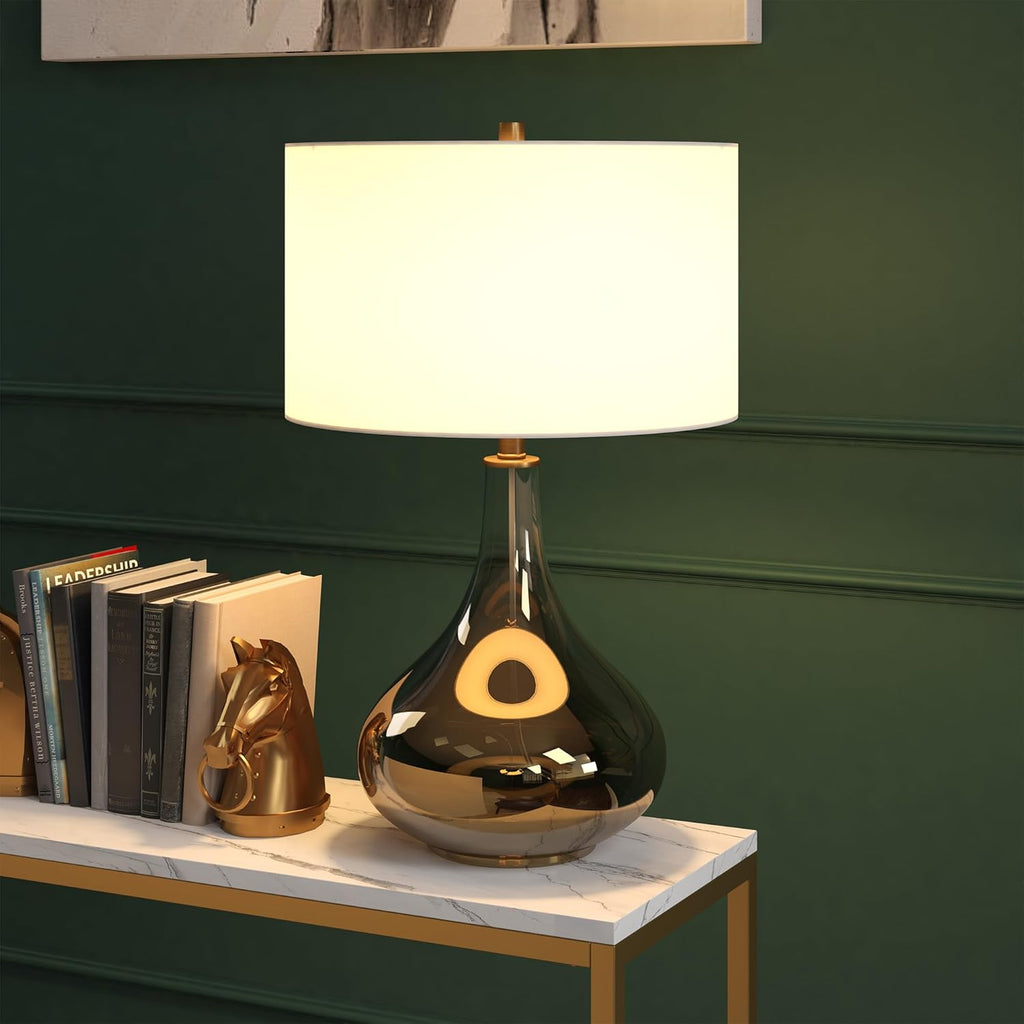 25" Modern 1-Light Table Lamp with White Fabric Drum Shade, or Office, Chromed Brass