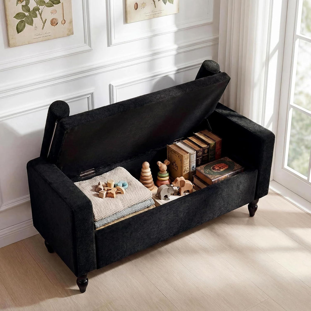 End of Bed Bench , 45.7" Linen Storage Ottoman Bench with Removable Pillows, Upholstered Entryway Bench with Solid