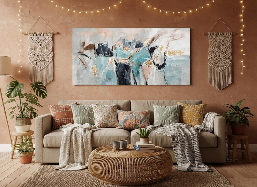 Large Framed Wall Art Abstract Canvas Print Teal Black Gold Artwork Modern Brushstroke Wall Decor Soft Neutral Shapes