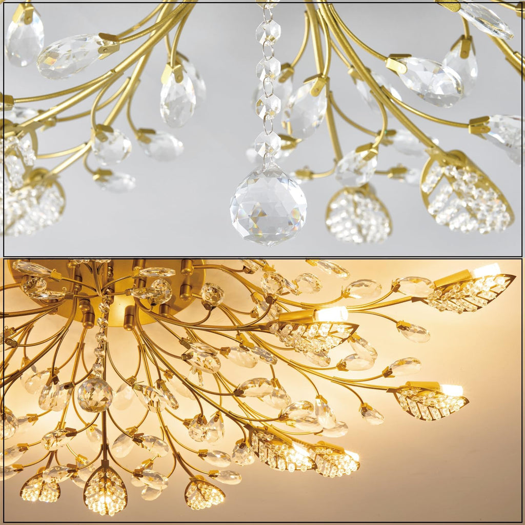 Modern Crystal Ceiling Light Fixture,Gold Semi Flush Mount Chandeliers,Crystal Leaf Ceiling Lighting,Pendent Lamp