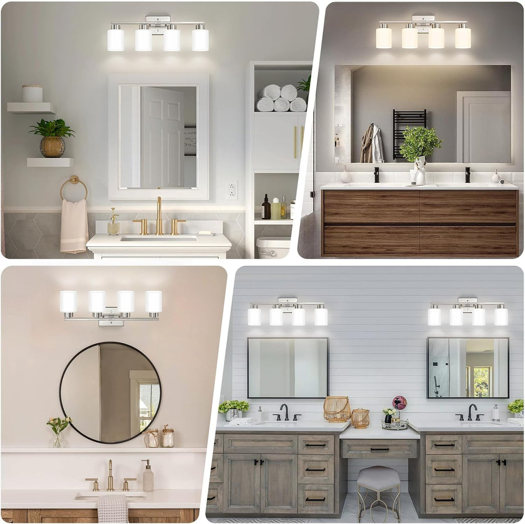 Brushed Nickel Bathroom Light Fixtures Vanity Lights Over Mirror | Modern 4-Light lighting fixtures with Milky White