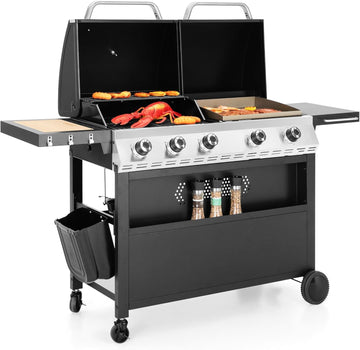 Propane Gas Griddle and Grill Combo, Dual BBQ with Porcelain-Enameled Cast Iron Grates and Cast Iron Pan, Flat Top Griddle, 696 Sq. In. Cooking Area for Patio and Backyard