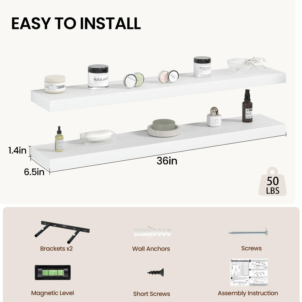 36 Inch Floating Shelves Wall Mounted for Display, 6.5 Deep Duty Shelves with Invisible Brackets Storage & Decor, 36"