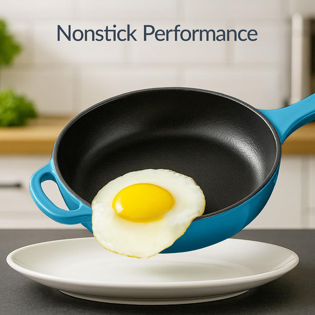 6-Piece Cast Iron Cookware Set, Ceramic Coated 6Qt Dutch Oven, 2Qt Skillet W/Lid, 10" Grill Pan W/Press, Non-toxic