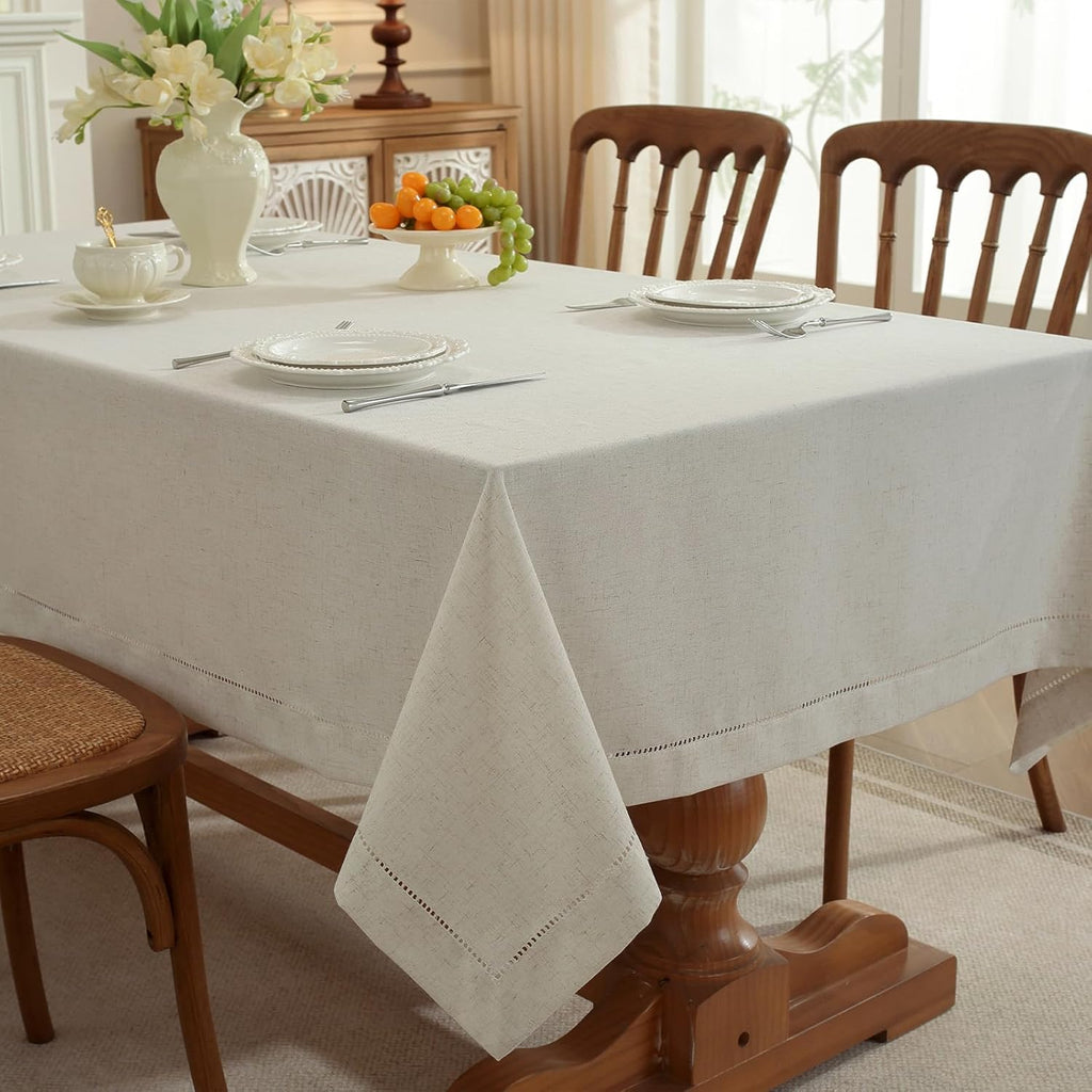 Linen Blend Handmade Hemstitched Tablecloth for Dinner Table, Parties, Wedding Decorations (55" x 86