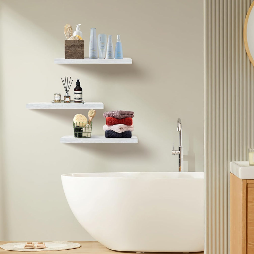 White Floating Shelves - Set of 3, 16" Wall Mounted Shelves Decor, Living Room, Bedroom, Bathroom, Kitchen