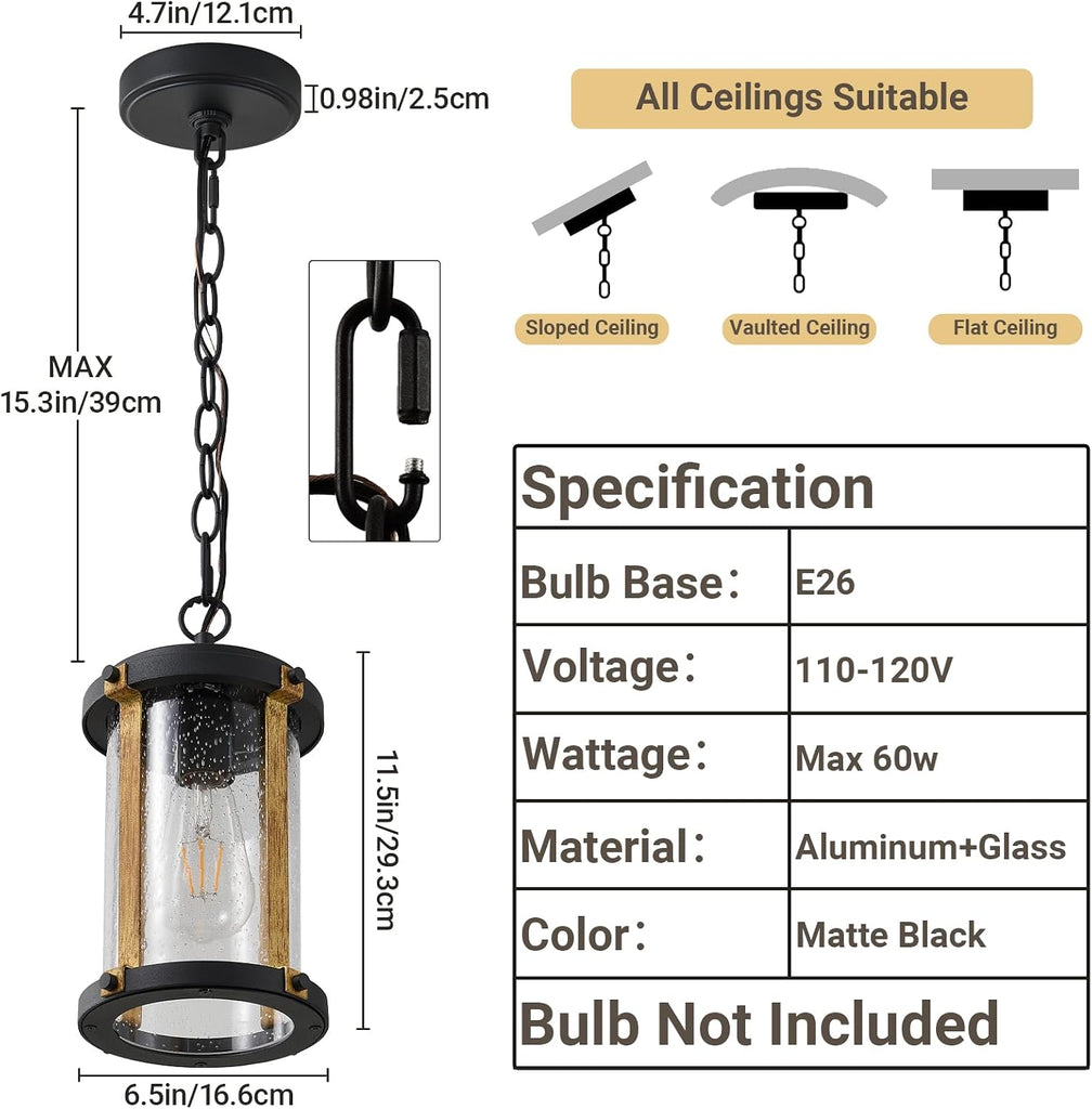 Outdoor Pendant Light for Porch, Black Farmhouse Wood Grain Finish Outdoor Chandelier with Clear Seeded Glass