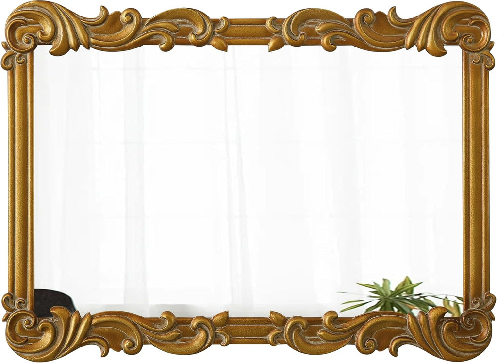 Antique Gold Baroque Mirrors for Wall Decor 30 X 21 Inch, Hanging Rectangular Wooden Frame Vintage Mirror
