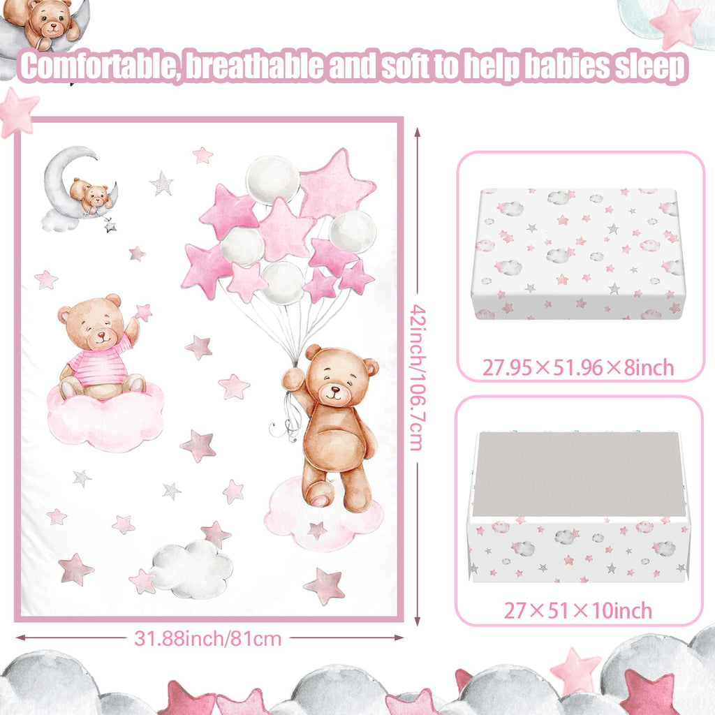 5 Pcs Crib Bedding Set Sheets Comforter Skirt for Toddlers, Pink