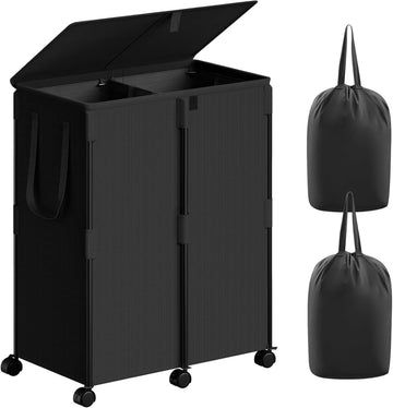 160L Double Laundry Hamper with Lid and 6 Wheels, Rolling Laundry Basket | Metal Frame Laundry Sorter 2 Section with