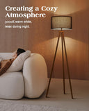 Wood Tripod Floor Lamp Modern Standing Lamp with Black Drum Shade, Industrial Tall Reading Lamp Living Room Bedroom