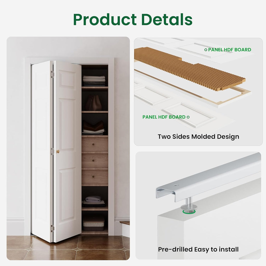 32" x 80" Paintable Bifold Door, 3-Panels Closet Doors with Hardward Kits, White Primed Surface Read