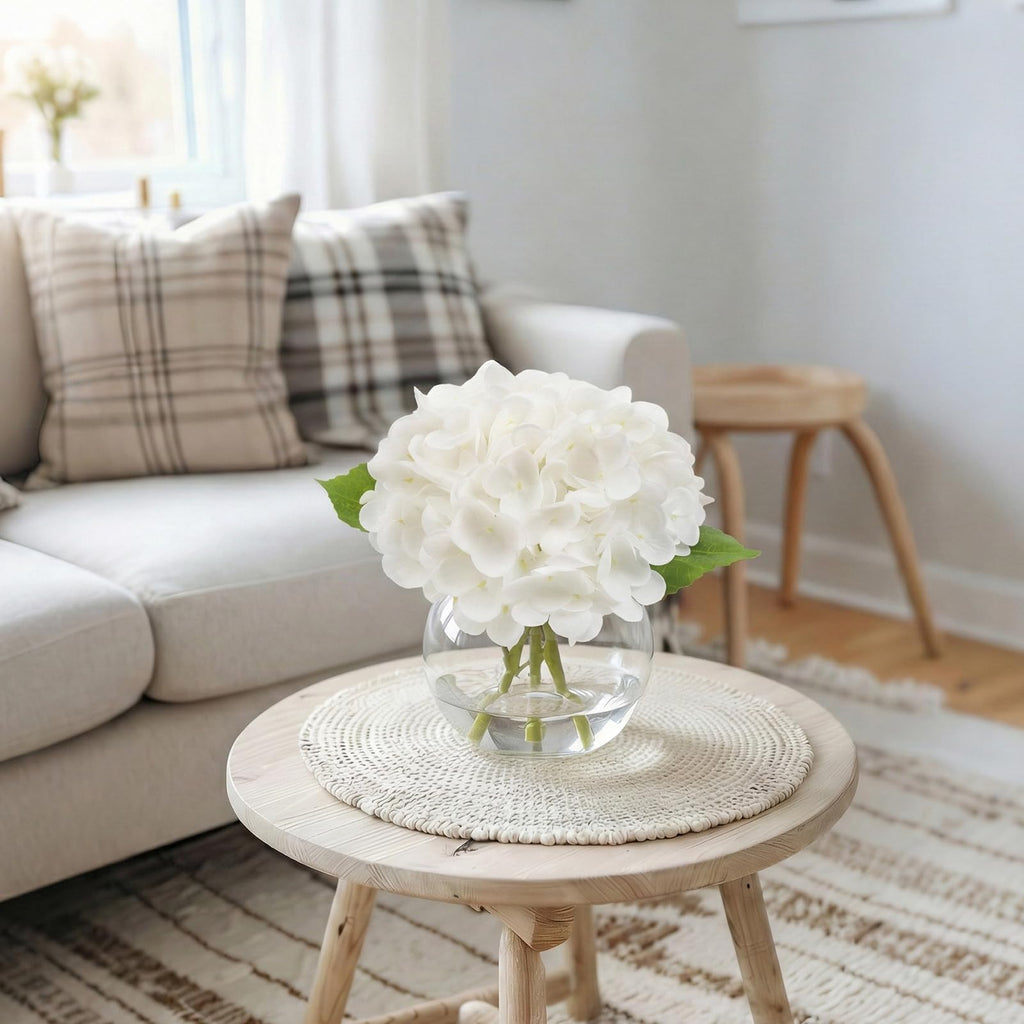 Real Touch Hydrangea Artificial Flowers with Vase, White Hydrangea Fake Flowers Arrangements in Glass Vase with Faux