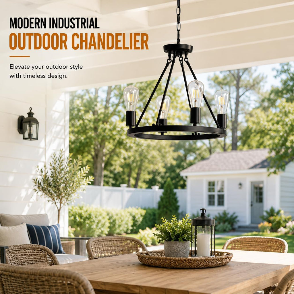 4-Light Plug in Chandelier,Wagon Wheel Style,Black Round Metal Chandelier,Hanging Light with 16.5ft Cord