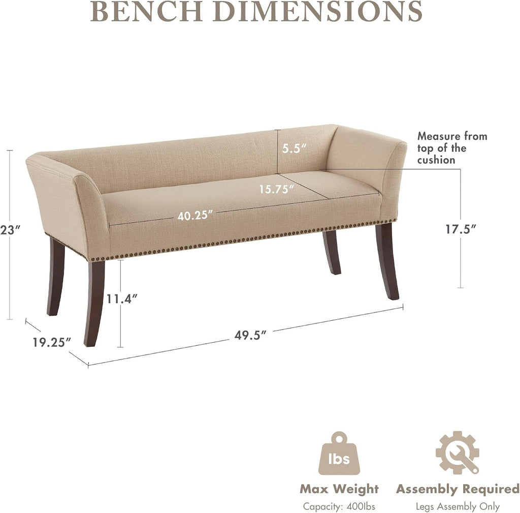 Accent Bench, Upholstered with Nailhead Trim, & Padded Seat Entryway Bench Small, End of Bed Bench with Back, 49.5" W