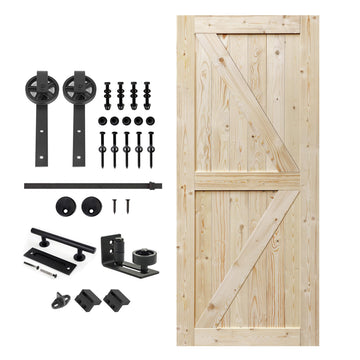36in x 84in Unfinished British Brace Knotty Barn Door with Big Wheel Sliding Hardware Kit/Solid Wood/Sliding
