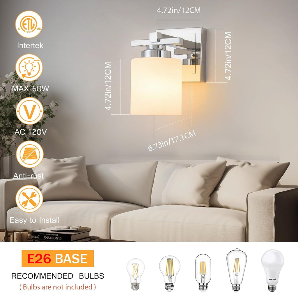 Bathroom Light Fixtures Over Mirror, Vanity Lights Wall Sconces with Milky White Glass Shades, E26 Socket (Bulbs Not