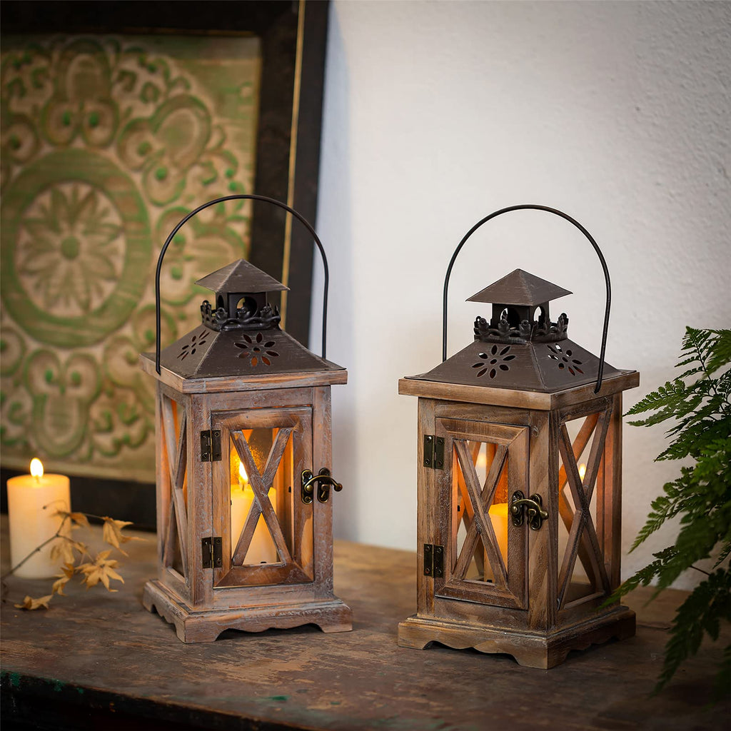 Wooden Farmhouse Lanterns Decorative, 11" Rustic Lantern