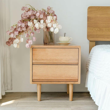 Night Stand, Mid Century Modern Nightstand w/2 Drawers, Boho Small Bedside Table, Oak Solid Wood, 17.72 W x 15.75 D x