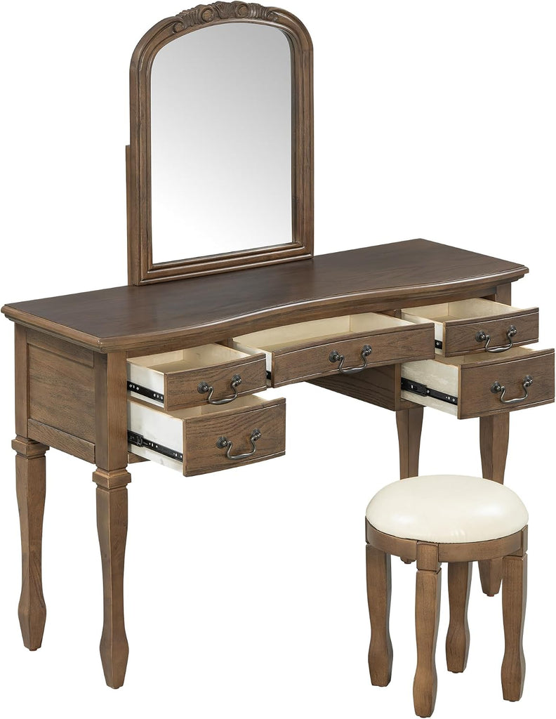 46" Vintage Vanity Desk with Curved Flower Frame Mirror, Wood Dressing Table with Storage, 5 Drawers, Makeup Vanity
