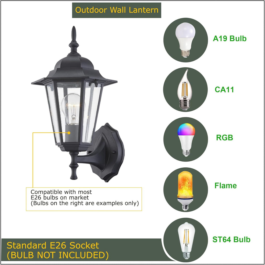 Outdoor Wall Lantern, Black Wall Sconce for House Porch Lighting Fixture, E26 Base 60W Max, Metal Housing Plus Glass