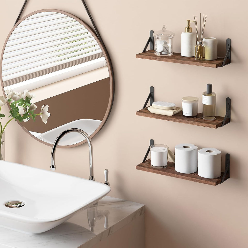 16.5in Floating Shelves for Wall, Dark Carbonized Pine Set of 6 | Rustic wood shelves with metal brackets.