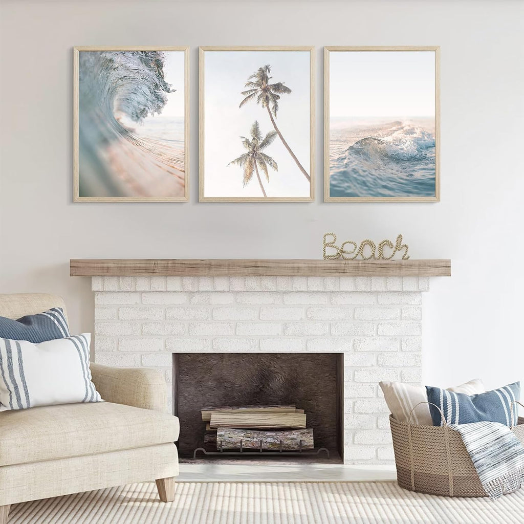 Beach Wall Art Decor Coastal Ocean Poster Palm Tree Canvas Wall Decor Beachy Room Aesthetic Pictures Blue Waves