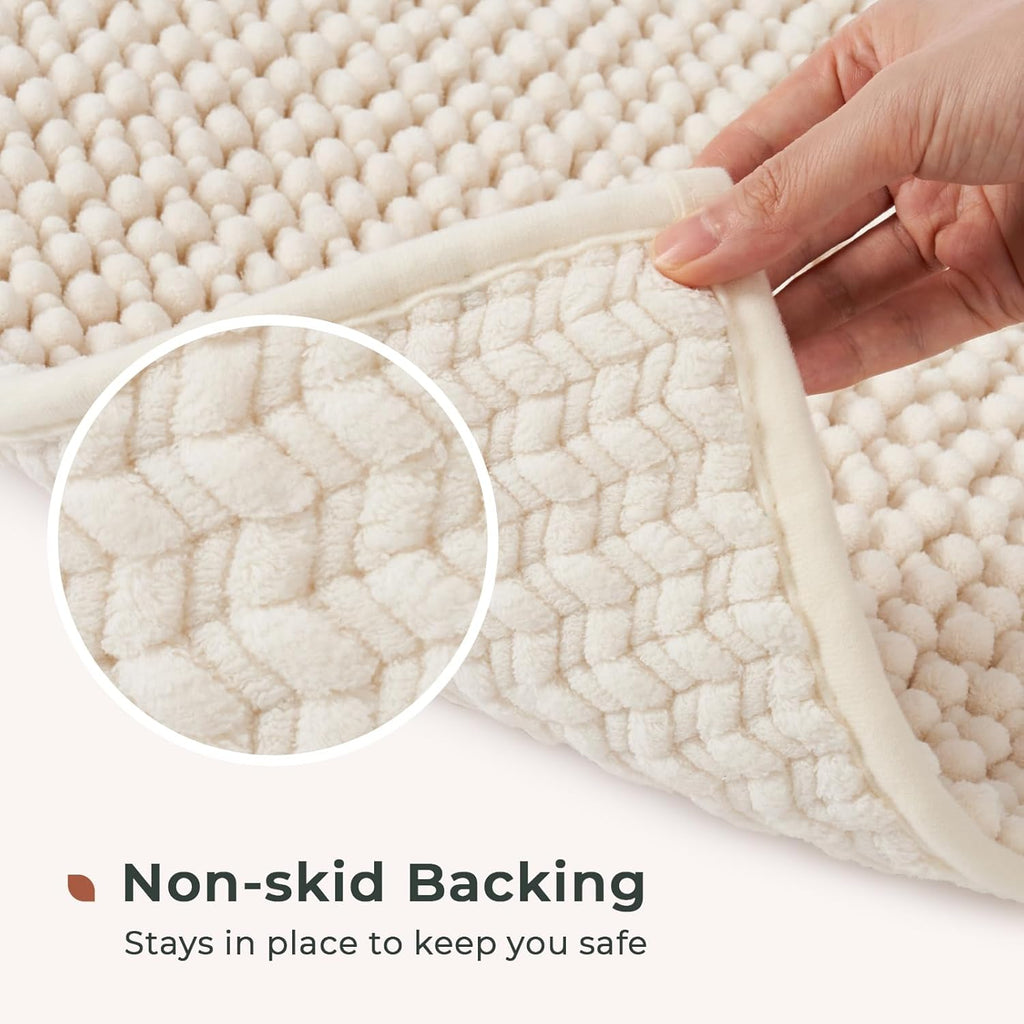 Chenille Bath Rugs Set 2 Pieces, Cream White, 17''x24''+20''x32'' | Non-Slip Bathroom Mats Set, Absorbent Fiber